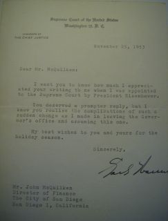 1953 Earl Warren Supreme Court Chief Justice Signed Letter