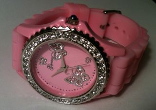 Pink Silver Butterfly Geneva Silicone Watch Rhinestones Large Face New