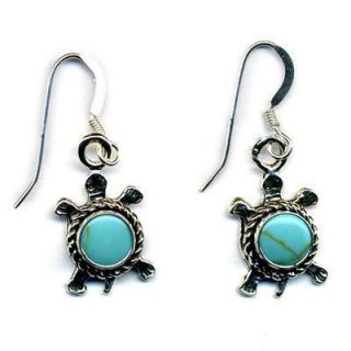 Dangle Turtle Earrings Genuine Turquoise Stone Sterling Silver Native