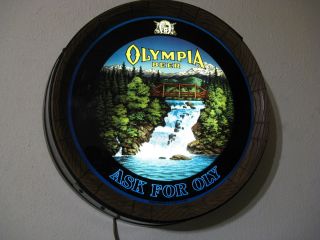 Vtg 1982 Olympia Beer Waterfall Motion Barrel Bar Sign Light w Hamms