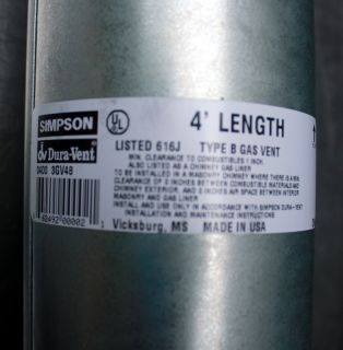 New Simpson Dura Vent 4 Pipe Length Type B Gas Chimney Pellet