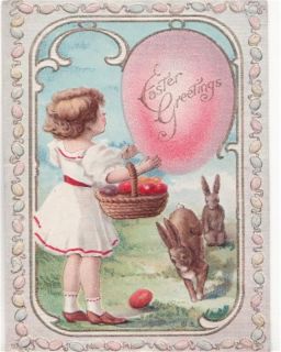 Girl w Easter Basket Bunnies Easter Greetings Postcard