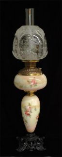 Old Antique Edward Miller Banquet Oil Kerosene Lamp Milk Glass Rose