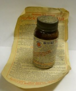 Vintage Antique Horlicks Malted Milk Full Sample Jar with Paperwork