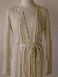 Anthropologie Eberjey Cream Cotton Crocheted Belted Long Cardigan