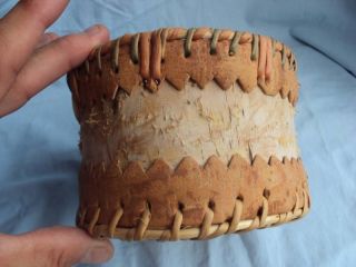  Antique Indian Birch Bark Wood Leather Drum Basket