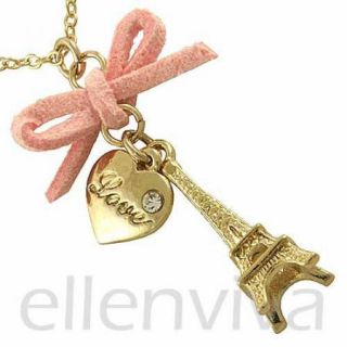 Paris Eiffel Tower Pink Bow Heart Pendant Necklace Jewelry Gold Tone