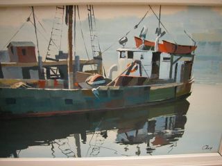 Canadian Oil Painting Ron Okey East Coast Boat 1950s