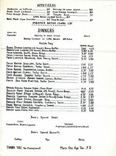 The Dunes Restaurant Menu East Sandwich Massachusetts 1950s