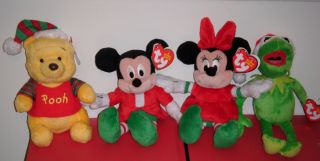 Ty Set of 4 ~ Mickey Minnie Winnie the Pooh Kermit Christmas Beanie