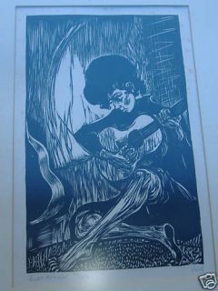 Mervin Jules Signed Woodcut Quiet Moment Boy and Guitar