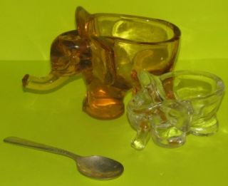 LOT of 2 Elephant Peach & Clear Glass Sugar Bowls, Condiment Dish