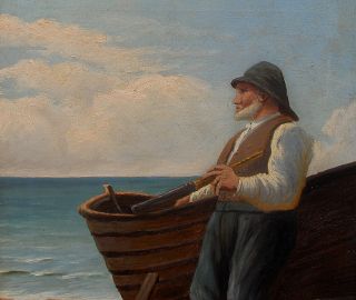 Edmund Fischer. Large salon oil. A Skagen fisherman on beach.