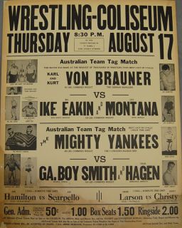 1960s Vintage WRESTLING POSTER   Von Brauners vs. Eakins & Montana