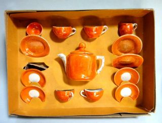 vintage German Orange Lustreware Child Tea Set w Orginal Box Toy