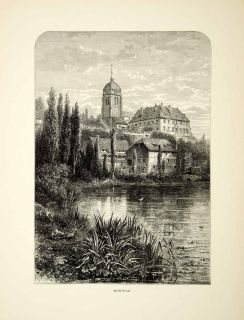 1879 Wood Engraving Edward Whymper France Morteau Doubs River Church