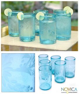 Aqua Set 6 Mexican Hand Blown Glass Tumblers Recycled