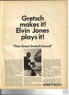 Unique Framed Elvin Jones Gretsch Drum Promo Ad 1968