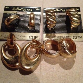 Lot of Four Pair Clip on Ear Rings Gold Costume Jewelry Estate Vintage