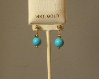 14k Solid Gold Round Ball 8mm Turquoise Elegant Earrings