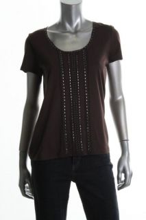 Ellen Tracy New Brown Embellished Front Short Sleeves Casual Top T