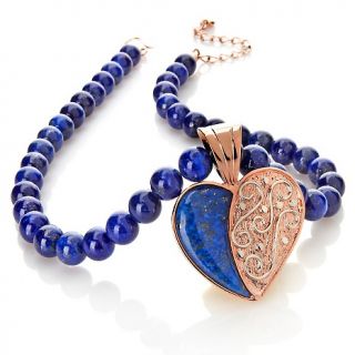 Lapis Copper and Sterling Silver Heart Pendant with Beaded Necklace at