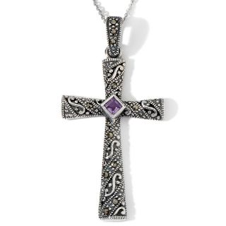 Sterling Silver Amethyst and Marcasite Cross Pendant