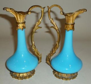 Pair Antique Nineteenth Century French Blue Opaline Urns w Ormolu