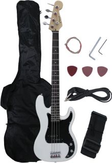 NEW Crescent WHITE Electric Bass Guitar + Strap Amp Cord Gigbag