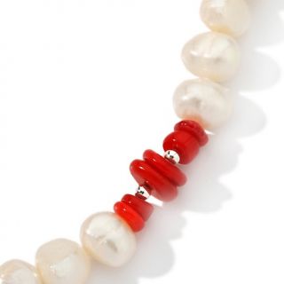  Pearl and Red Coral Sterling Silver 72 Necklace