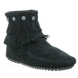 Minnetonka Moccasin Double Fringe Side Zip Boot Black Size 9 5 New