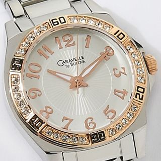 Caravelle Bulova Ladies Rose 2 Tone Crystal Bezel Bracelet Watch at