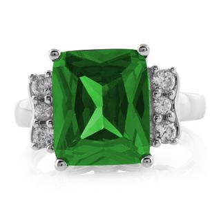 huge emerald cut emerald ring with 3 on each side simulated diamonds