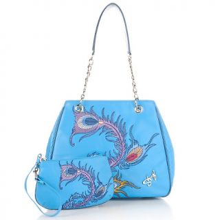 161 458 sharif peacock feather leather satchel and wristlet note