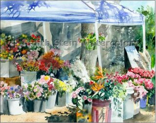 FLOWER FARMERS MARKET OJAI CA GARDEN 8 x10 Giclee Watercolor Signed