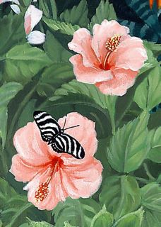 Hibiscus Visitor ACEO Tropical Flowers Plants Leaves Butterflys Print