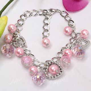 Pink Faux Pearl Faceted Crystal Glass Round Dangle bead Bracelet @
