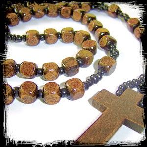 Wooden Light Brown Rosary Beads Necklace Cross Indie