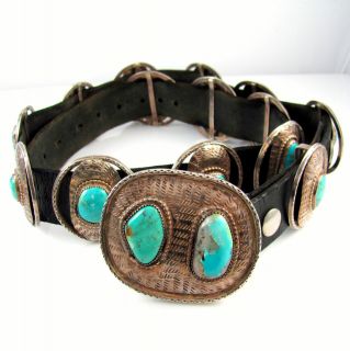  Navajo Hand Stamped Sterling Turquoise Concho Belt By FILBERT BROWN E4