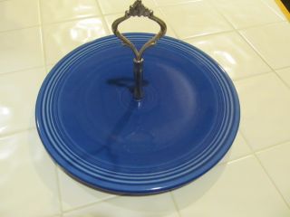 FIESTA WARE SAPPHIRE BLUE TIDBIT TRAY WITH HANDLE RARE MAYBE A CLOCK