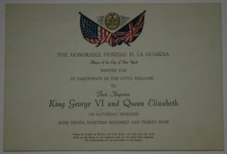 1939 Fiorello La Guardia Invitation King George VI & Queen Elizabeth