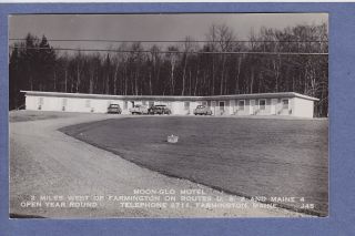 0611A RPPC Farmington Me Moon Glo Motel Routes US 2 Maine 4 Old Autos