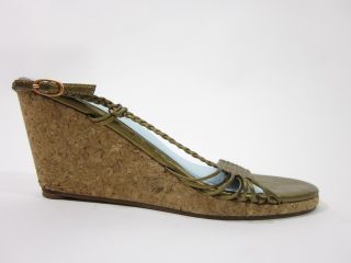 You are bidding on a pair of FARYLROBIN Gold Braided Slingback Cork