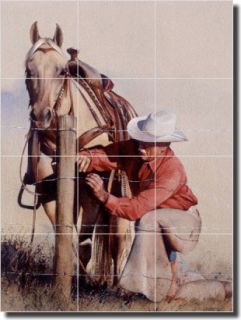 Fawcett Cowboy Horse Art Ceramic Tile Mural Backsplash