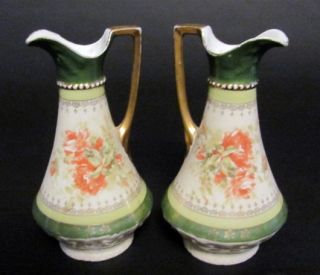 Pair Antique German Porcelain Pitchers Ewers w Flowers