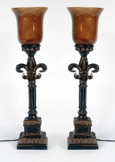 BEAUTIFUL GOTHIC FLEUR DE LIS TORCHIERE TABLE LAMPS 26TALL SET OF TWO