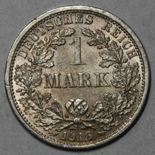 1916 F UNC 1 Mark Kaiser Reich RARE Last Silver Mark WWI Coin