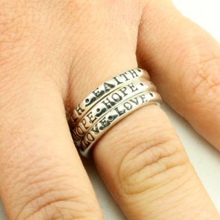  silver and feature either faith hope or love engraved around the band