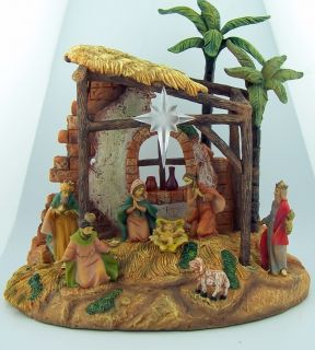 Fontanini 8 Piece Nativity Scene Set Stable w Palm Trees Lighted Star