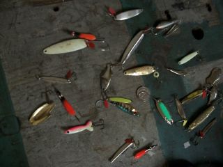 LOT OF 26 ICE FISHING JIGGING LURES SWEDISH PIMPLES, SPOONS WALLEYE
